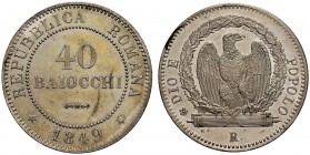 MONETE ITALIANE
ROMA
Seconda Repubblica Romana, 1848-1849. 40 Baiocchi 1849. Mi Nel campo valore e data nel giro. Rv. Aquila su fascio volta a d. en...