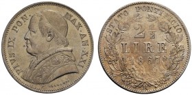 MONETE ITALIANE
ROMA
Pio IX (Giovanni Maria Mastai Ferretti), 1846-1878. 2 e ½ Lire 1867 a. XXI. Ar Busto a s. con zucchetto. Rv. Scritta e valore e...