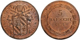 MONETE ITALIANE
ROMA
Pio IX (Giovanni Maria Mastai Ferretti), 1846-1878. 5 Baiocchi 1853 a. VIII. Æ Stemma sormontato da chiavi e tiara. Rv. Scritta...