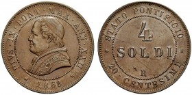 MONETE ITALIANE
ROMA
Pio IX (Giovanni Maria Mastai Ferretti), 1846-1878. 4 Soldi o 20 Centesimi 1868 a. XXII. Æ Busto a s. con zucchetto, mozzetta e...