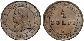 MONETE ITALIANE
ROMA
Pio IX (Giovanni Maria Mastai Ferretti), 1846-1878. 4 Soldi o 20 Centesimi 1868 a. XXIII. Æ Come precedente. Pag. 594; Gig. 320...