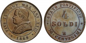 MONETE ITALIANE
ROMA
Pio IX (Giovanni Maria Mastai Ferretti), 1846-1878. 4 Soldi o 20 Centesimi 1869 a. XXIII. Æ Come precedente. Pag. 595; Gig. 322...
