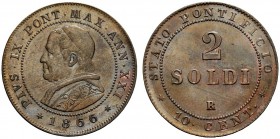 MONETE ITALIANE
ROMA
Pio IX (Giovanni Maria Mastai Ferretti), 1846-1878. 2 Soldi o 10 Centesimi 1866 a. XXI. Æ Simile a precedente. Pag. 598; Gig. 3...