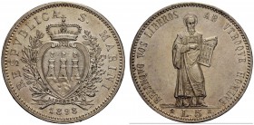 MONETE ITALIANE
SAN MARINO
Vecchia Monetazione, 1864-1938. 5 Lire 1898. Ar. Pag. 357; Gig. 17. Raro. Piacevole esemplare. Più che SPL