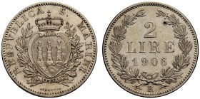 MONETE ITALIANE
SAN MARINO
Vecchia Monetazione, 1864-1938. 2 Lire 1906. Ar. Pag. 359; Gig. 26. Rara. q. FDC