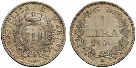 MONETE ITALIANE
SAN MARINO
Vecchia Monetazione, 1864-1938. Lira 1906. Ar. Pag. 368; Gig. 28. q. SPL