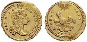 MONETE ITALIANE
SICILIA
Carlo di Borbone, 1734-1759. Oncia 1747 senza sigle, zecca di Palermo. Au gr. 4,38 CAR D G SIC ET HIE REX HIS IN Busto laure...