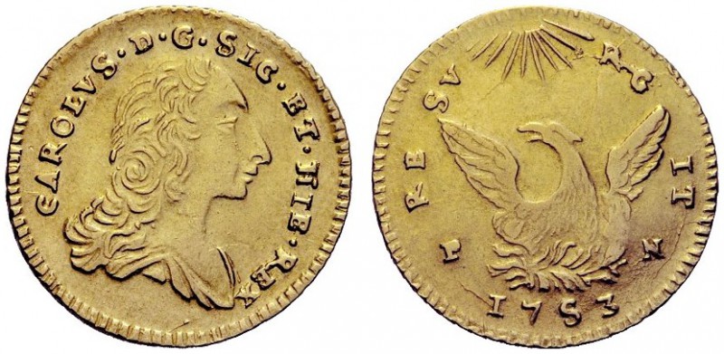 MONETE ITALIANE
SICILIA
Carlo di Borbone, 1734-1759. Oncia d'oro 1753. Au gr. ...
