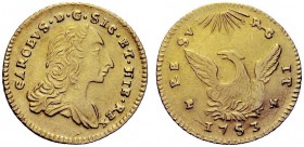MONETE ITALIANE
SICILIA
Carlo di Borbone, 1734-1759. Oncia d'oro 1753. Au gr. 4,34 Busto laureato a d. Rv. Fenice con ali spiegate sulle fiamme, ill...