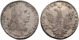 MONETE ITALIANE
SICILIA
Ferdinando III di Borbone, 1759-1816. 12 Tarì 1796. Ar gr. 27,05 Busto corazzato a d.; sotto, T.12. Rv. Stemma caricato su a...