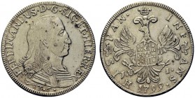MONETE ITALIANE
SICILIA
Ferdinando III di Borbone, 1759-1816. Da 6 Tarì 1799. Ar Busto corazzato volto a d. Rv. Stemma caricato su aquila coronata, ...