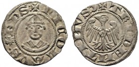 MONETE ITALIANE
TRENTO
Nicolò da Brno, 1338-1347. Quattrino (quarto di grosso), I tipo foglia dentellata e luna crescente. Mi gr. 0,52 Simile a prec...
