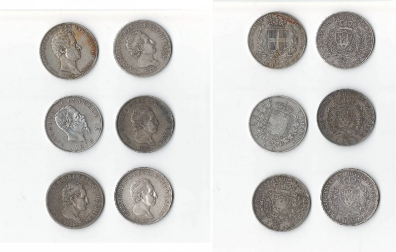 LOTTI ITALIANE
Lotto di n. 6 esemplari delle 5 Lire da Carlo Felice a Vittorio ...