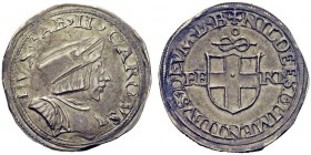 MONETE SAVOIA
Carlo II, il Buono, 1504-1553. Testone, II tipo, zecca di Bourg. Ar gr. 9,32 CAROLVS DVX SAB II Busto del duca imberbe, con berretto in...