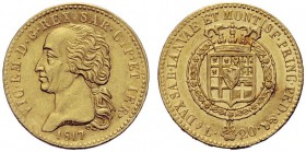 MONETE SAVOIA
Vittorio Emanuele I, Re di Sardegna, 1802-1821. 20 Lire 1817 Torino. Au Come precedente. Pag. 5; Gig. 12. Raro. q. SPL/SPL