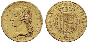 MONETE SAVOIA
Vittorio Emanuele I, Re di Sardegna, 1802-1821. 20 Lire 1820 Torino. Au Come precedente. Pag. 8; Gig. 15. Molto Raro. Più che SPL