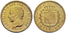 MONETE SAVOIA
Carlo Felice, Re di Sardegna, 1821-1831. 80 Lire 1826 Torino. Au Come precedente. Pag. 28; Gig. 5. Lieve colpetto. SPL