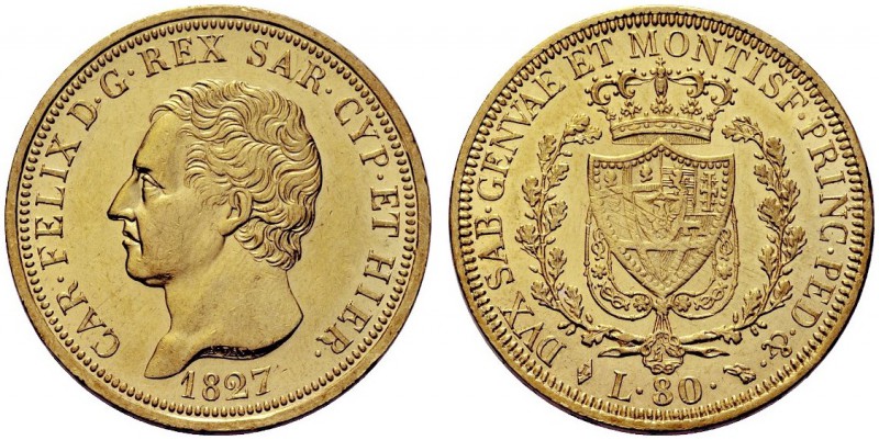 MONETE SAVOIA
Carlo Felice, Re di Sardegna, 1821-1831. 80 Lire 1827 Torino. Au ...