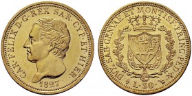 MONETE SAVOIA
Carlo Felice, Re di Sardegna, 1821-1831. 80 Lire 1827 Torino. Au Come precedente. Pag. 30; Gig. 7. SPL