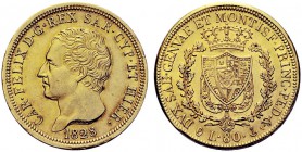 MONETE SAVOIA
Carlo Felice, Re di Sardegna, 1821-1831. 80 Lire 1828 Genova. Au Come precedente. Pag. 31; Gig. 8. Fondi brillanti. Buon BB