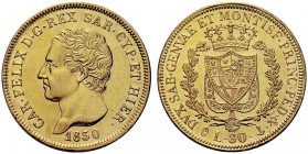 MONETE SAVOIA
Carlo Felice, Re di Sardegna, 1821-1831. 80 Lire 1830 Genova. Au Come precedente. Pag. 35; Gig. 12. Non comune. Colpetto ore 21 al rv. ...