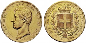 MONETE SAVOIA
Carlo Alberto, Re di Sardegna, 1831-1849. 100 Lire 1834 Genova. Au Testa a s. Rv. Scudo semplice di Savoia coronato, con il Collare att...