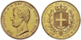 MONETE SAVOIA
Carlo Alberto, Re di Sardegna, 1831-1849. 100 Lire 1842 Torino. Au Come precedente. Pag. 154; Gig. 12. Molto Raro. Colpetti, uno ripres...