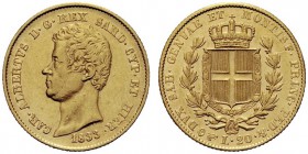 MONETE SAVOIA
Carlo Alberto, Re di Sardegna, 1831-1849. 20 Lire 1833 Torino. Au Come precedente. Pag. 178; Gig. 22. Raro. Buon BB