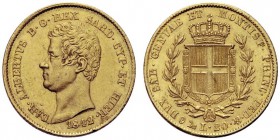 MONETE SAVOIA
Carlo Alberto, Re di Sardegna, 1831-1849. 20 Lire 1842 Genova. Au Come precedente. Pag. 194; Gig. 34. Fondi brillanti. Bel BB