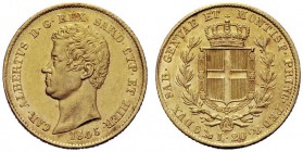 MONETE SAVOIA
Carlo Alberto, Re di Sardegna, 1831-1849. 20 Lire 1845 Genova. Au Come precedente. Pag. 200; Gig. 37. Fondi brillanti. q. SPL