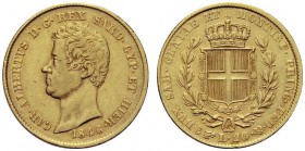 MONETE SAVOIA
Carlo Alberto, Re di Sardegna, 1831-1849. 20 Lire 1846 Torino. Au Come precedente. Pag. 203; Gig. 39. Molto Raro. Buon BB