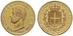 MONETE SAVOIA
Carlo Alberto, Re di Sardegna, 1831-1849. 20 Lire 1847 senza zecca. Au Come precedente. Pag. 205a; Gig. 42. Molto Raro. Conservazione i...