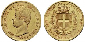 MONETE SAVOIA
Carlo Alberto, Re di Sardegna, 1831-1849. 20 Lire 1848 Genova. Au Come precedente. Pag. 206; Gig. 43. Non comune. Patina rossiccia. Buo...