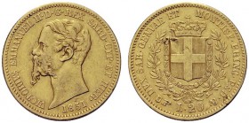 MONETE SAVOIA
Vittorio Emanuele II, Re di Sardegna, 1849-1861. 20 Lire 1851 Torino. Au Testa a s. Rv. Scudo semplice di Savoia coronato, con il Colla...