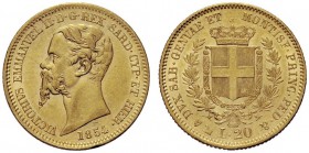 MONETE SAVOIA
Vittorio Emanuele II, Re di Sardegna, 1849-1861. 20 Lire 1854 Genova. Au Come precedente. Pag. 345; Gig. 8. q. SPL