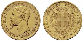 MONETE SAVOIA
Vittorio Emanuele II, Re di Sardegna, 1849-1861. 20 Lire 1855 Torino, H. Au Come precedente. Pag. 347a; Gig. 10a. Taglio ad dr. vicino ...