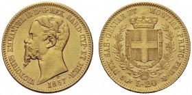 MONETE SAVOIA
Vittorio Emanuele II, Re di Sardegna, 1849-1861. 20 Lire 1857 Torino. Au Come precedente. Pag. 351; Gig. 14. Bel BB