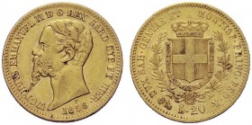 MONETE SAVOIA
Vittorio Emanuele II, Re di Sardegna, 1849-1861. 20 Lire 1858 Genova. Au Come precedente. Pag. 352; Gig. 15. BB