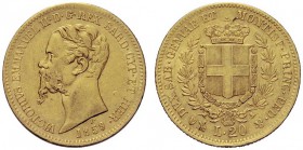 MONETE SAVOIA
Vittorio Emanuele II, Re di Sardegna, 1849-1861. 20 Lire 1859 Genova. Au Come precedente. Pag. 354; Gig. 17. BB