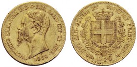 MONETE SAVOIA
Vittorio Emanuele II, Re di Sardegna, 1849-1861. 20 Lire 1860 Genova. Au Come precedente. Pag. 356; Gig. 19. Colpetti sul bordo. BB