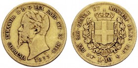 MONETE SAVOIA
Vittorio Emanuele II, Re di Sardegna, 1849-1861. 10 Lire 1853 Torino. Au Testa a s. Rv. Scudo semplice di Savoia coronato, con il Colla...
