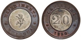 MONETE SAVOIA
Vittorio Emanuele II, Re Eletto, 1859-1861. Progetto da 20 Centesimi bimetallica Bologna. Ag e Cu mm 19 Nel campo sul tondino d’argento...