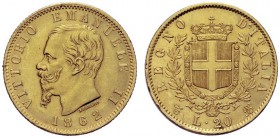 MONETE SAVOIA
Vittorio Emanuele II, Re d’Italia, 1861-1878. 20 Lire 1862 Torino. Au Come precedente. Pag. 456; Gig. 6. Colpetto al bordo. BB