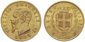 MONETE SAVOIA
Vittorio Emanuele II, Re d’Italia, 1861-1878. 20 Lire 1863 Torino. Au Come precedente. Pag. 457; Gig. 7. Bel BB