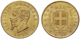 MONETE SAVOIA
Vittorio Emanuele II, Re d’Italia, 1861-1878. 20 Lire 1865 Torino. Au Come precedente. Pag. 459; Gig. 9. Bel BB