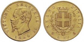 MONETE SAVOIA
Vittorio Emanuele II, Re d’Italia, 1861-1878. 20 Lire 1866 Torino. Au Come precedente. Pag. 460; Gig. 10 Raro. Bel BB