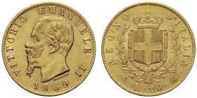 MONETE SAVOIA
Vittorio Emanuele II, Re d’Italia, 1861-1878. 20 Lire 1869 Torino. Au Come precedente. Pag. 463; Gig. 13. q. SPL