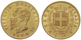 MONETE SAVOIA
Vittorio Emanuele II, Re d’Italia, 1861-1878. 20 Lire 1873 Milano. Au Come precedente. Pag. 468; Gig. 18. q. SPL