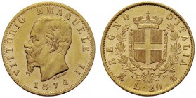 MONETE SAVOIA
Vittorio Emanuele II, Re d’Italia, 1861-1878. 20 Lire 1874 Milano. Au Come precedente. Pag. 470; Gig. 20. Non comune. q. SPL