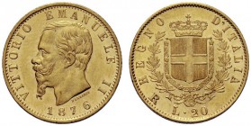 MONETE SAVOIA
Vittorio Emanuele II, Re d’Italia, 1861-1878. 20 Lire 1876 Roma. Au Come precedente. Pag. 473; Gig. 23 SPL